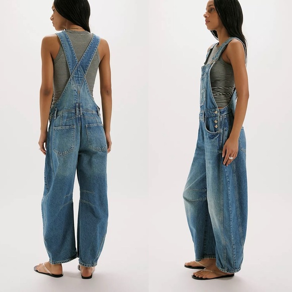 Free People We The Free Good Luck Barrel Overalls Ultra Light Beam Large Blue - Picture 3 of 8